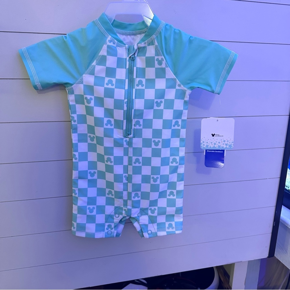 Disney‎ Mickey Mouse Swimsuit Baby 12M Mint Green Checkered NWT UPF 50+ Romper